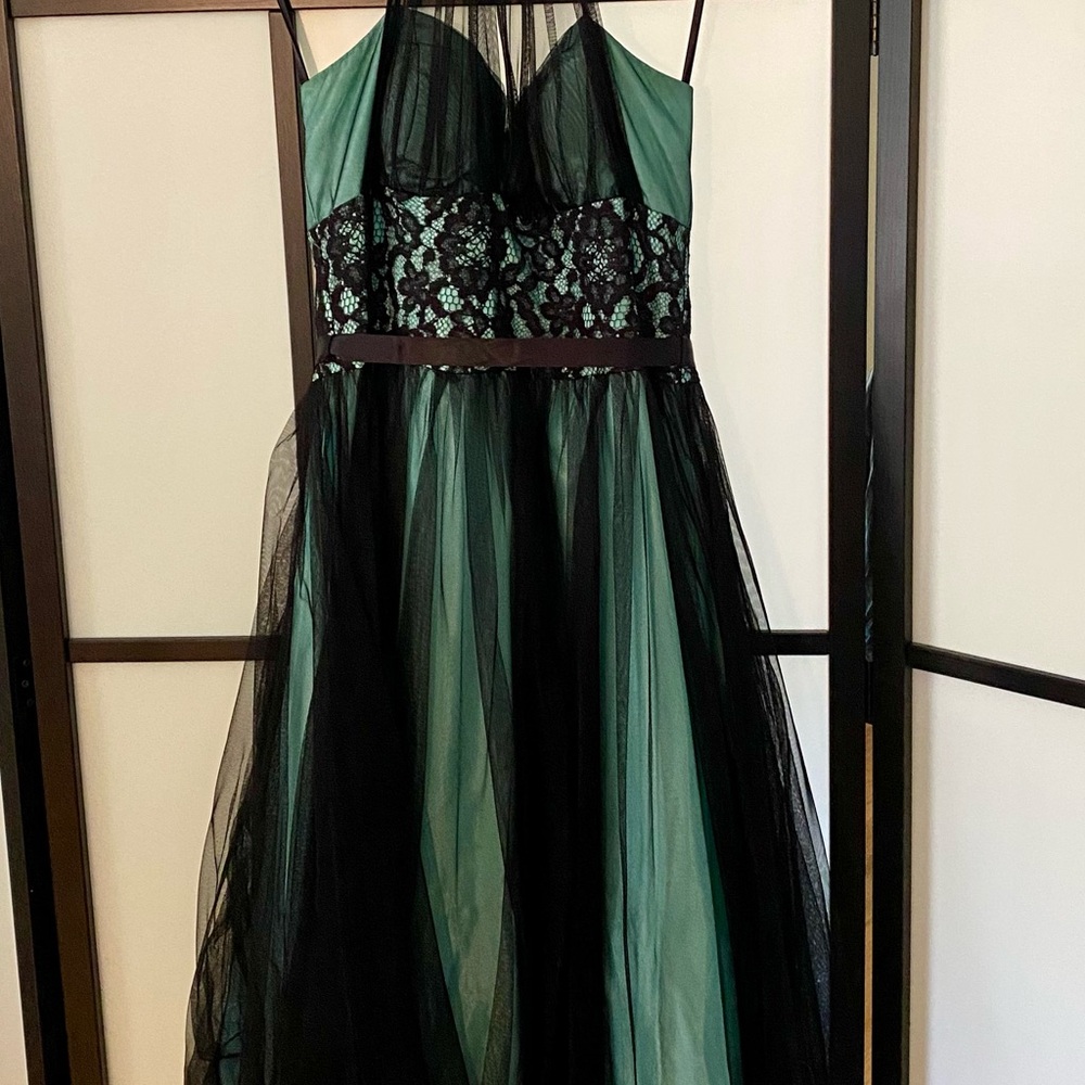 Mid Length Green/Blue with Black Mesh Overlay, Halter Top Prom Evening Dress